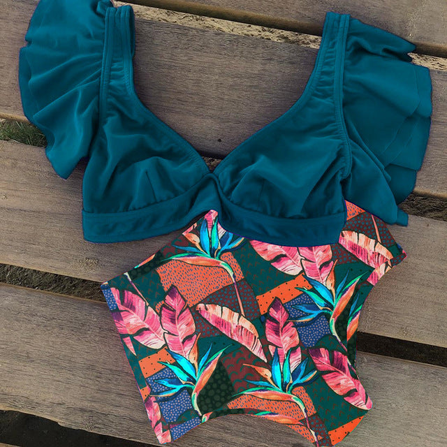 Floral Ruffled Hem Bikini Set Women Flora V-neck High-waisted Two Piece Swimsuit 2018 Girl Beach Bathing Suit Swimwear Biquinis