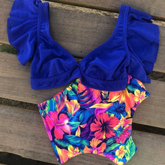 Floral Ruffled Hem Bikini Set Women Flora V-neck High-waisted Two Piece Swimsuit 2018 Girl Beach Bathing Suit Swimwear Biquinis