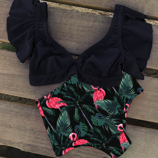 Floral Ruffled Hem Bikini Set Women Flora V-neck High-waisted Two Piece Swimsuit 2018 Girl Beach Bathing Suit Swimwear Biquinis