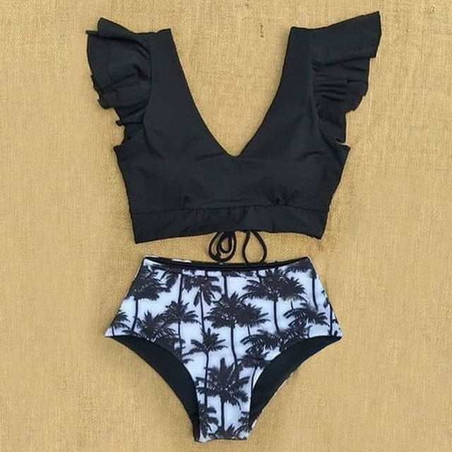 Floral Ruffled Hem Bikini Set Women Flora V-neck High-waisted Two Piece Swimsuit 2018 Girl Beach Bathing Suit Swimwear Biquinis