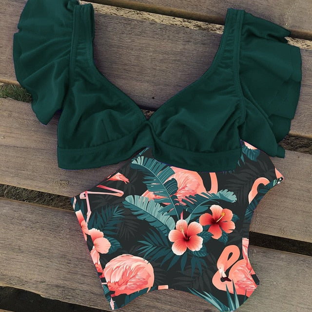 Floral Ruffled Hem Bikini Set Women Flora V-neck High-waisted Two Piece Swimsuit 2018 Girl Beach Bathing Suit Swimwear Biquinis