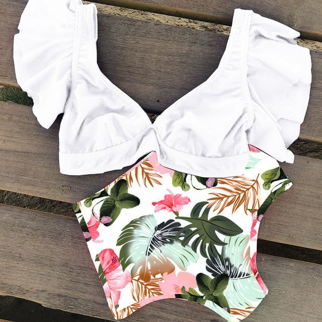 Floral Ruffled Hem Bikini Set Women Flora V-neck High-waisted Two Piece Swimsuit 2018 Girl Beach Bathing Suit Swimwear Biquinis