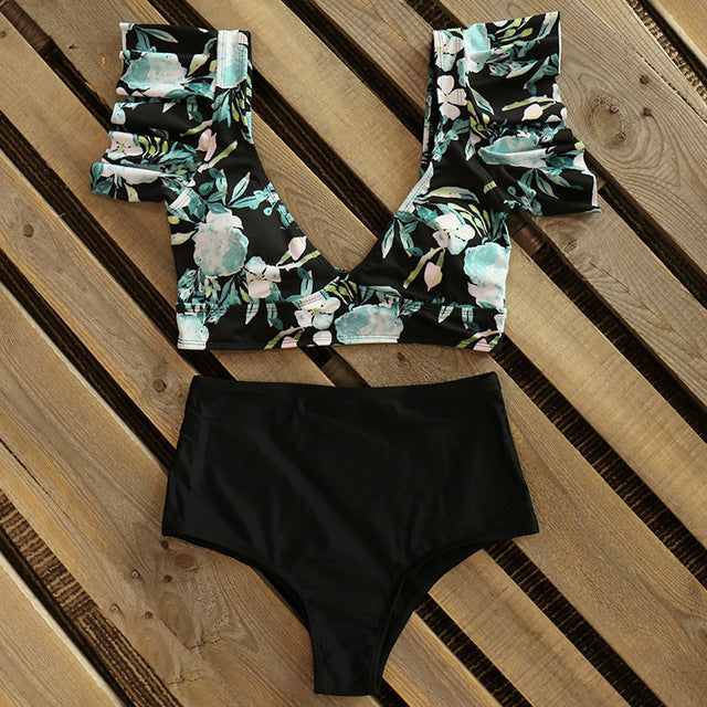 Floral Ruffled Hem Bikini Set Women Flora V-neck High-waisted Two Piece Swimsuit 2018 Girl Beach Bathing Suit Swimwear Biquinis