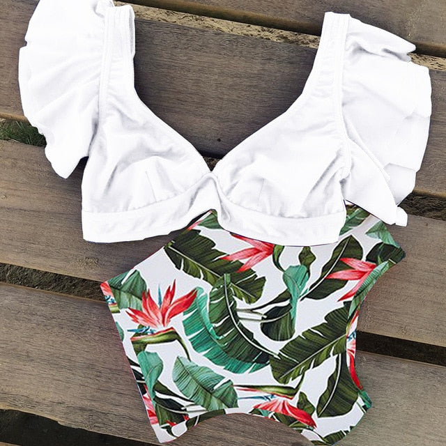 Floral Ruffled Hem Bikini Set Women Flora V-neck High-waisted Two Piece Swimsuit 2018 Girl Beach Bathing Suit Swimwear Biquinis