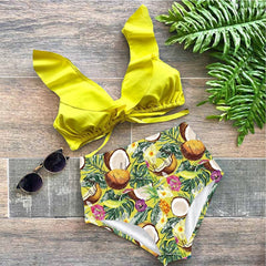 Floral Ruffled Hem Bikini Set Women Flora V-neck High-waisted Two Piece Swimsuit 2020 Girl Beach Bathing Suit Swimwear Biquinis