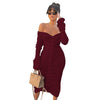 Image of Front Drawstring Sexy Bandage Dresses Women White Slash Neck Long Sleeve Club Party Dress Autumn Winter Off Shoulder Maxi Dress
