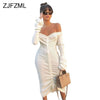 Image of Front Drawstring Sexy Bandage Dresses Women White Slash Neck Long Sleeve Club Party Dress Autumn Winter Off Shoulder Maxi Dress