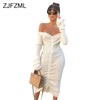 Image of Front Drawstring Sexy Bandage Dresses Women White Slash Neck Long Sleeve Club Party Dress Autumn Winter Off Shoulder Maxi Dress