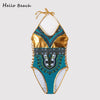 Image of HELLO BEACH 2018 New One Piece Swimsuit Bandage bodysuit African Printed Swimwear Female High Cut Monokini Sexy High Neck
