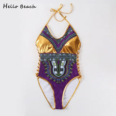 HELLO BEACH 2018 New One Piece Swimsuit Bandage bodysuit African Printed Swimwear Female High Cut Monokini Sexy High Neck