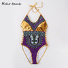 Image of HELLO BEACH 2018 New One Piece Swimsuit Bandage bodysuit African Printed Swimwear Female High Cut Monokini Sexy High Neck