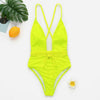 Image of Halter neon bikini deep v-neck bathing suit women monokini String sexy swimsuit one piece bodysuits High cut swimwear women 2020