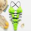 Image of Halter neon bikini deep v-neck bathing suit women monokini String sexy swimsuit one piece bodysuits High cut swimwear women 2020