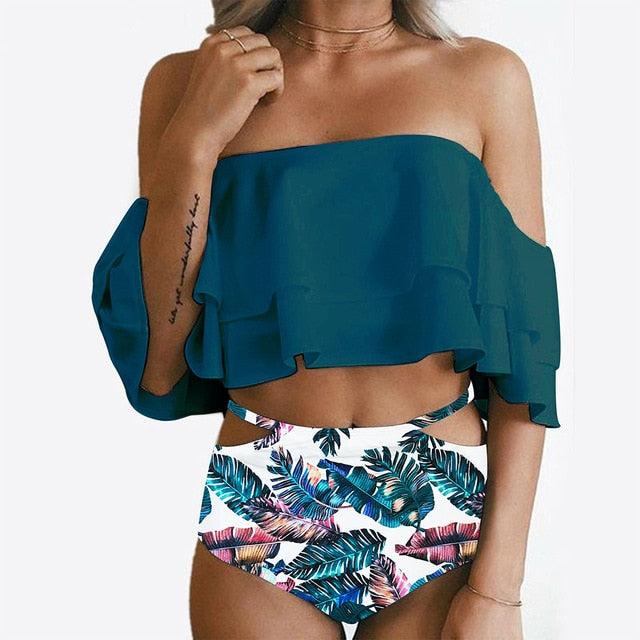 High Waist Swimsuit 2019 Sexy Bikinis Women Swimwear Ruffle Vintage Bandeau Striped Bottom Bikini Set Bathing Suits