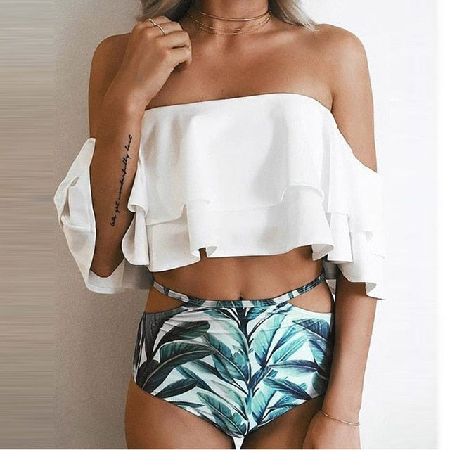 High Waist Swimsuit 2019 Sexy Bikinis Women Swimwear Ruffle Vintage Bandeau Striped Bottom Bikini Set Bathing Suits