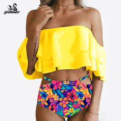 High Waist Swimsuit 2019 Sexy Bikinis Women Swimwear Ruffle Vintage Bandeau Striped Bottom Bikini Set Bathing Suits