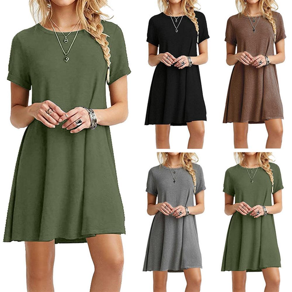 Hot Autumn Women's Long Sleeve Dress Large Size S-2XL Solid Color Dress Round Neck Short Sleeve Loose Slim Commuter Casual