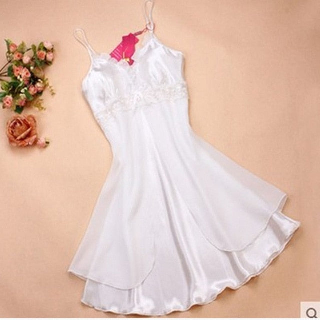 Hot Lingerie Women Satin Nightgown Sexy Lace Sleepwear Strap Plus Size Ladies Silk Deep V Neck Nightwear Sleep Wear Night Gown