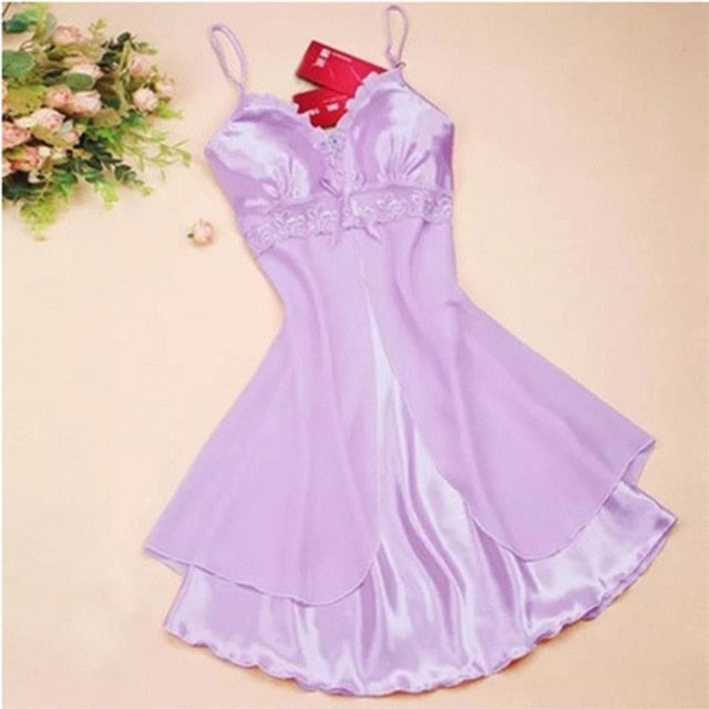 Hot Lingerie Women Satin Nightgown Sexy Lace Sleepwear Strap Plus Size Ladies Silk Deep V Neck Nightwear Sleep Wear Night Gown