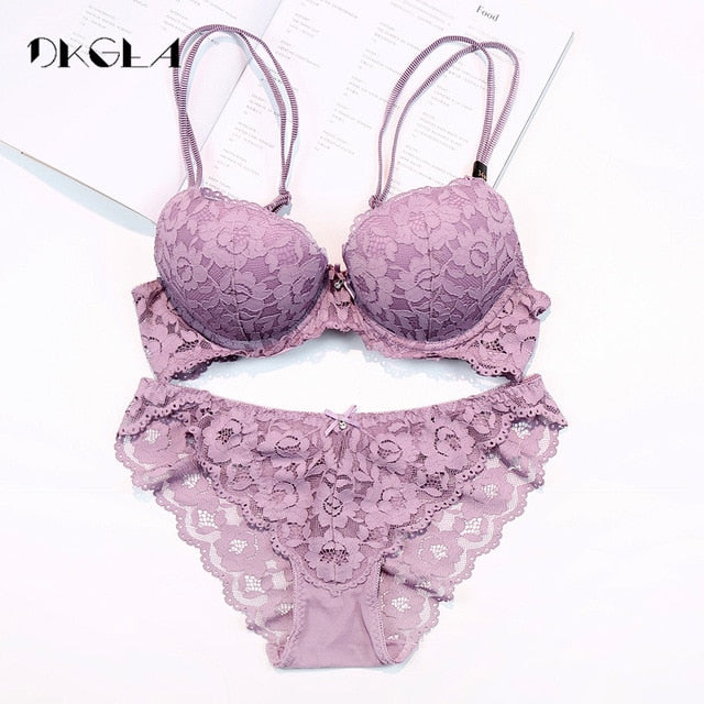 Hot Sexy Push Up Bra Set Brand Deep V Brassiere Thick Cotton Women Underwear Set Lace Blue Embroidery Flowers Lingerie B C Cup