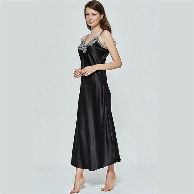 Hrigin Women Oversize Satin V-Neck Long Nightdress Silk Lace Sexy Lingerie Nightgown Sleepwear Sleepshirts Robe Dress Babydoll