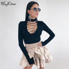 Image of Hugcitar long sleeve V-neck deep cut slim fit push up sexy bodysuit 2019 winter women black hollow out casual lace up body