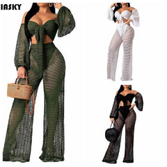 IASKY 2019 New hollow out cover ups sexy women off shoulder Top+beach pants bikini swimwear swimsuit cover up beachwear 2PCS/SET