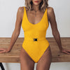 Image of INGAGA One Piece Swimsuit 2019 High Cut Swimwear Women Solid Deep V-neck Bathing Suits Sexy Belt Beachwear Brazilian Swim Wear