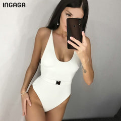 INGAGA One Piece Swimsuit 2019 High Cut Swimwear Women Solid Deep V-neck Bathing Suits Sexy Belt Beachwear Brazilian Swim Wear