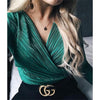Image of InstaHot Sexy Long Sleeve V Neck Bodysuit for Women 2019 Summer New Fashion Green Textured Shirts Button Tops Elegant Playsuits