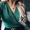 Image of InstaHot Sexy Long Sleeve V Neck Bodysuit for Women 2019 Summer New Fashion Green Textured Shirts Button Tops Elegant Playsuits