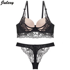 Julexy Sexy Thong lady push up bra set Lace hollow out bralette underwear panty set intimates Black Red Women bra brief set