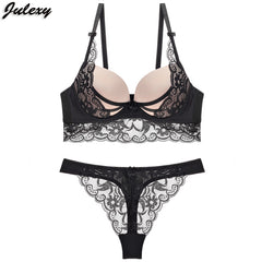 Julexy Sexy Thong lady push up bra set Lace hollow out bralette underwear panty set intimates Black Red Women bra brief set