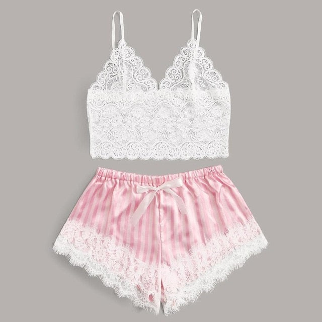 Lace Satin Cami With Striped Shorts Women Pijamas Sexy Sleepwear Set Eyelash 2019 Summer Ladies Shorts Set Nightwear 2 PCS