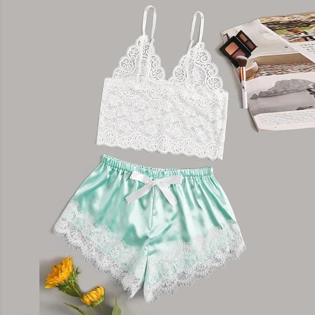 Lace Satin Cami With Striped Shorts Women Pijamas Sexy Sleepwear Set Eyelash 2019 Summer Ladies Shorts Set Nightwear 2 PCS
