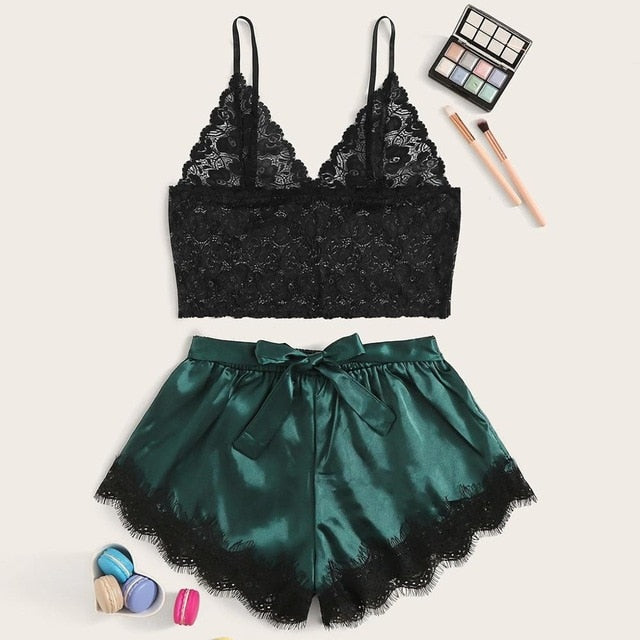 Lace Satin Cami With Striped Shorts Women Pijamas Sexy Sleepwear Set Eyelash 2019 Summer Ladies Shorts Set Nightwear 2 PCS