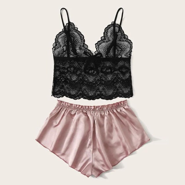 Lace Satin Cami With Striped Shorts Women Pijamas Sexy Sleepwear Set Eyelash 2019 Summer Ladies Shorts Set Nightwear 2 PCS