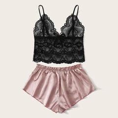 Lace Satin Cami With Striped Shorts Women Pijamas Sexy Sleepwear Set Eyelash 2019 Summer Ladies Shorts Set Nightwear 2 PCS