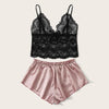 Image of Lace Satin Cami With Striped Shorts Women Pijamas Sexy Sleepwear Set Eyelash 2019 Summer Ladies Shorts Set Nightwear 2 PCS