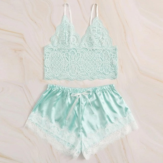 Lace Satin Cami With Striped Shorts Women Pijamas Sexy Sleepwear Set Eyelash 2019 Summer Ladies Shorts Set Nightwear 2 PCS