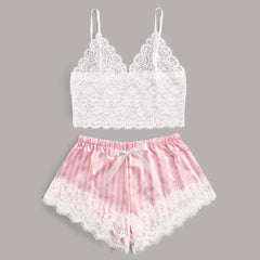 Lace Satin Cami With Striped Shorts Women Pijamas Sexy Sleepwear Set Eyelash 2019 Summer Ladies Shorts Set Nightwear 2 PCS