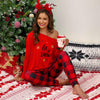 Image of Ladies Christmas Plaid Letter Print Pajama Set Long Sleeve T-Shirt Top + Pants Pajamas Nightwear Sleepwear Black Red White