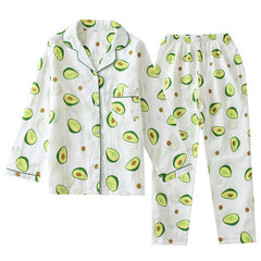 Ladies Pajamas Set 100% Gauze Cotton Cartoon Avocado Printed 2Pcs Turn-down Neck Shirt+Pants Long Sleeve Sleepwear Suit