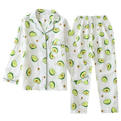 Ladies Pajamas Set 100% Gauze Cotton Cartoon Avocado Printed 2Pcs Turn-down Neck Shirt+Pants Long Sleeve Sleepwear Suit