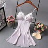 Image of Ladies Sexy Nightdress Silk V-neck Floral Sleepwear Lingerie Babydoll Nightgown Mini Sleeveless Women Sleepshirt With Padded Bra