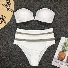 Lady Sexy Bikini 2020 High Waist Solid Black White Mesh Push-up Padded Swimsuit Swimwear Bathing Suit Bikinis set Women