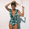 Image of Large Size 2019 Sexy Deep-V One Piece Swimsuit Female Women Vintage Retro Swimwear High Neck Bandage Ruffle Backless Monokini
