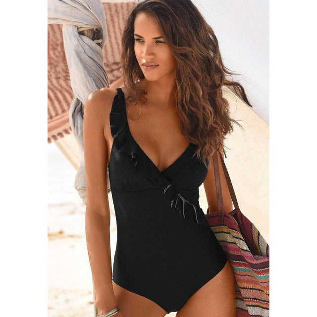 Large Size 2019 Sexy Deep-V One Piece Swimsuit Female Women Vintage Retro Swimwear High Neck Bandage Ruffle Backless Monokini