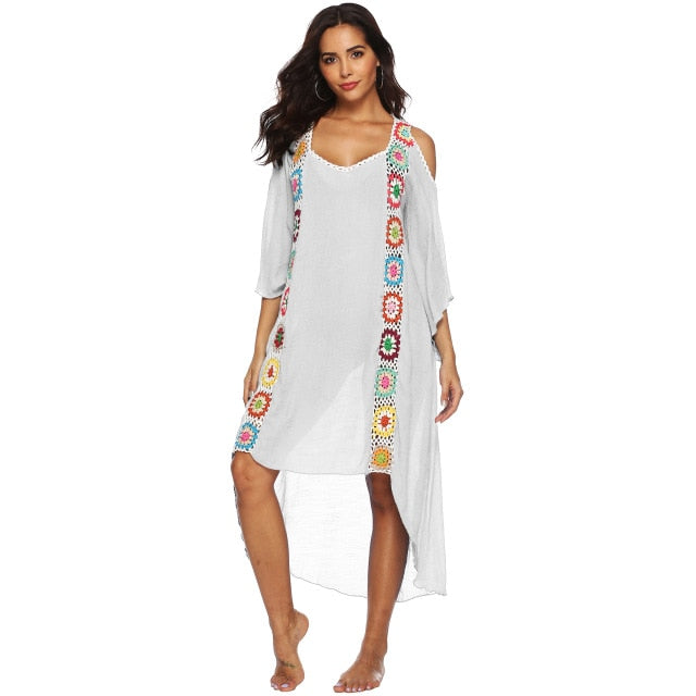 Large Size Robe Beach Dress Long Cover Up Swimsuit Cover-up Women Ups White Bathing Suit Maxi Wear Beachwear Crochet Flower 2019
