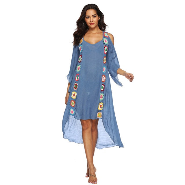 Large Size Robe Beach Dress Long Cover Up Swimsuit Cover-up Women Ups White Bathing Suit Maxi Wear Beachwear Crochet Flower 2019